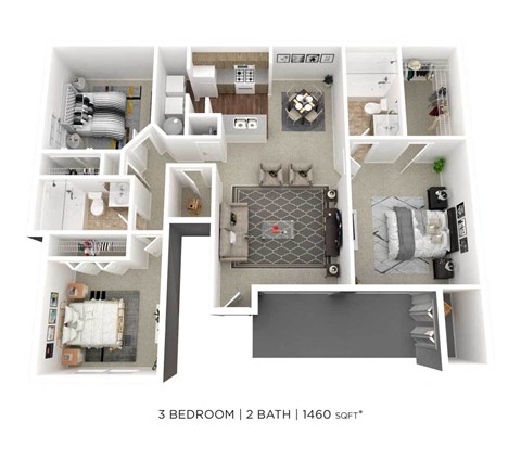 a floor plan of 3 bedroom 1 bath apartment